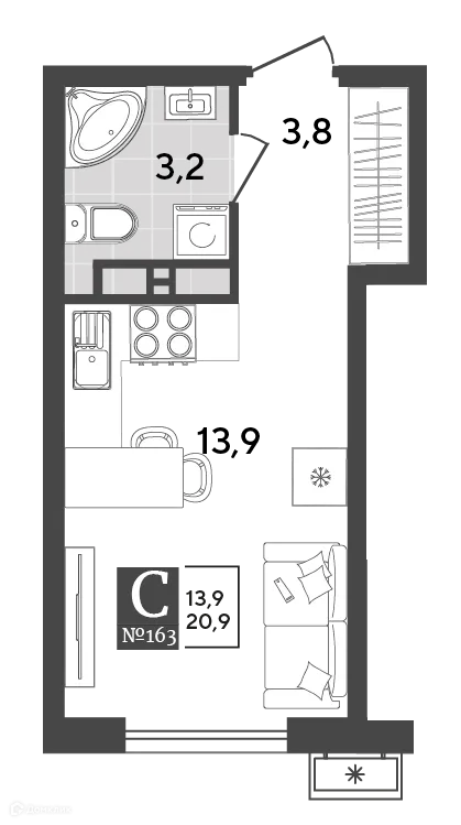 Планировка студии квартиры 20.9 м² в ЖК Порто Ново, г. Новороссийск — фото 2
