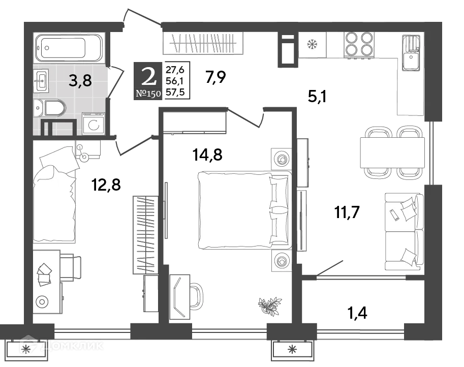 Планировка 2-комнатной квартиры 57.5 м² в ЖК Порто Ново, г. Новороссийск — фото 2