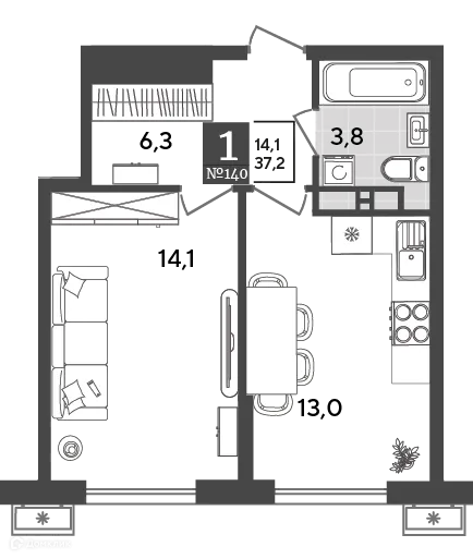 Планировка 1-комнатной квартиры 37.2 м² в ЖК Порто Ново, г. Новороссийск — фото 2