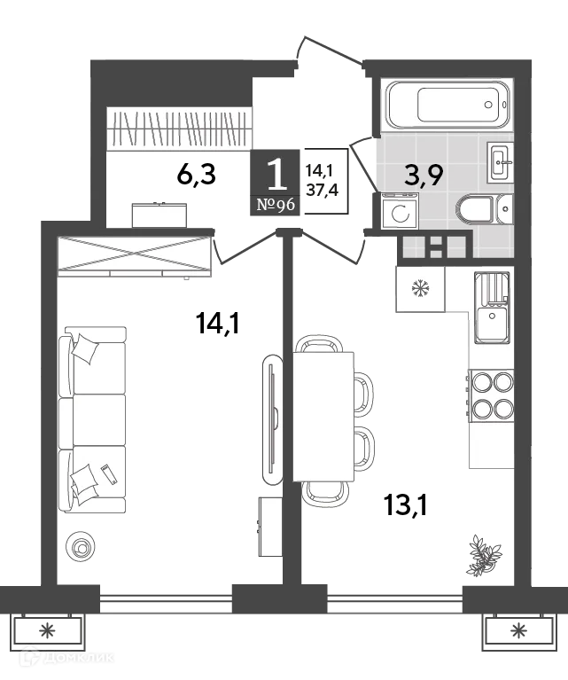 Планировка 1-комнатной квартиры 37.4 м² в ЖК Порто Ново, г. Новороссийск — фото 2