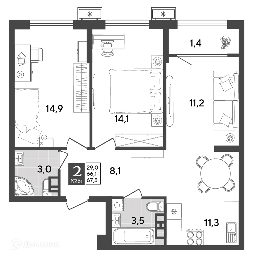 Планировка 2-комнатной квартиры 67.5 м² в ЖК Порто Ново, г. Новороссийск — фото 2