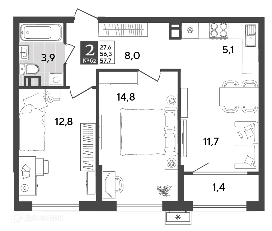 Планировка 2-комнатной квартиры 57.7 м² в ЖК Порто Ново, г. Новороссийск — фото 2