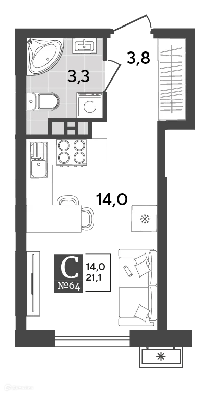 Планировка студии квартиры 21.1 м² в ЖК Порто Ново, г. Новороссийск — фото 2