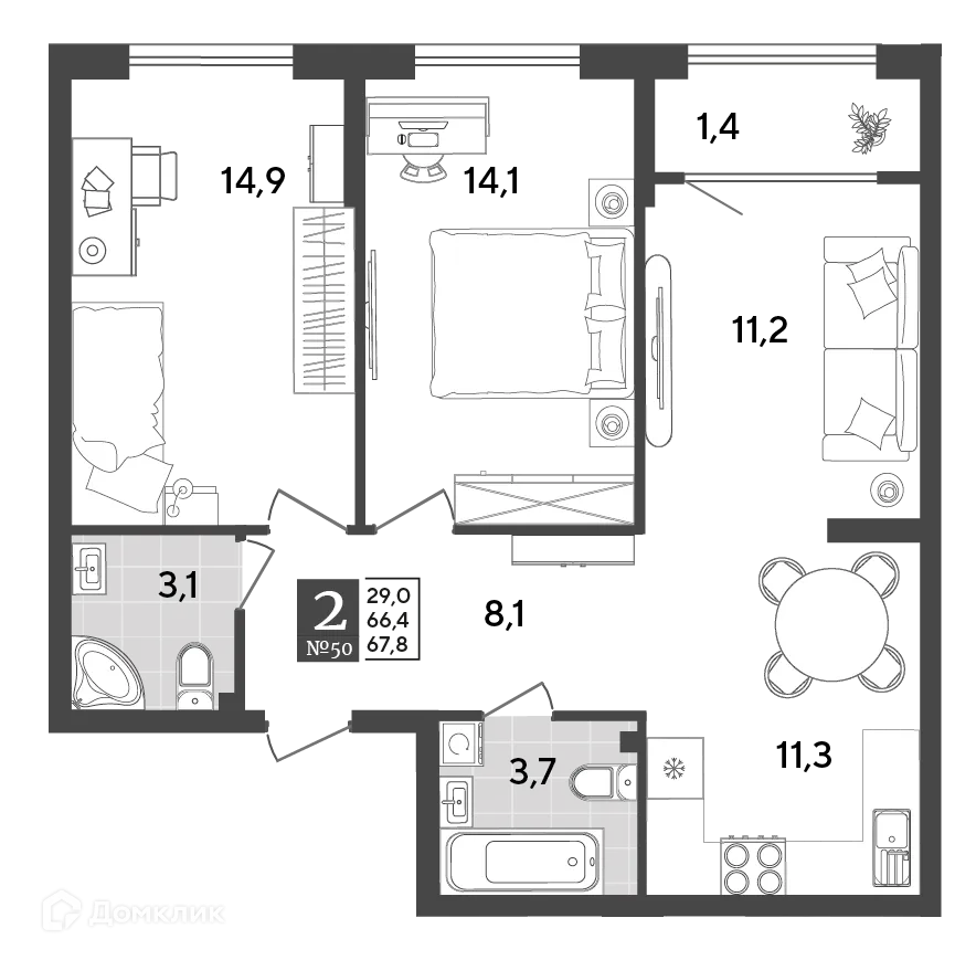 Планировка 2-комнатной квартиры 67.8 м² в ЖК Порто Ново, г. Новороссийск — фото 2
