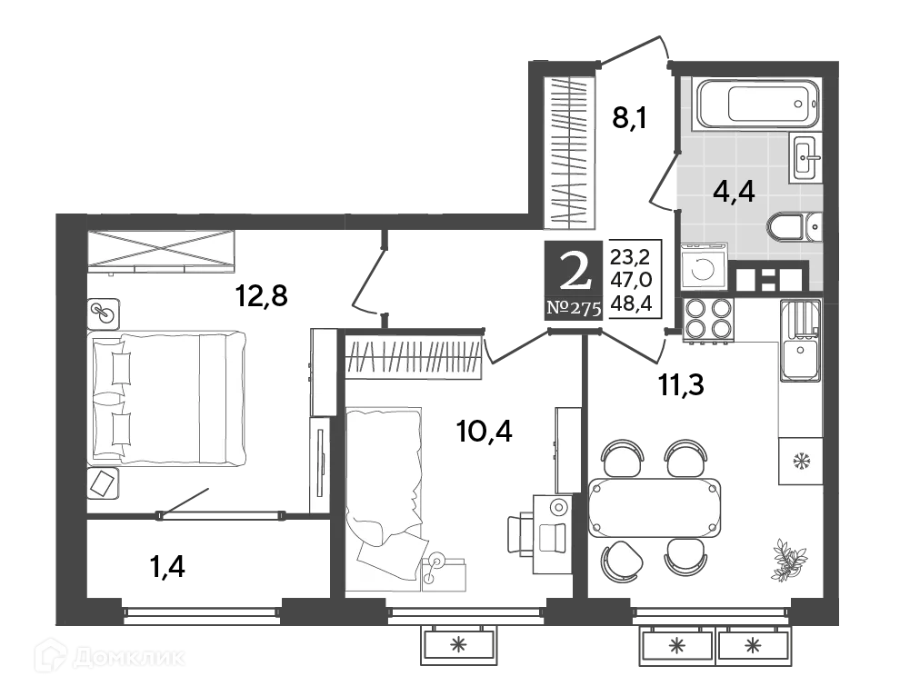 Планировка 2-комнатной квартиры 48.4 м² в ЖК Порто Ново, г. Новороссийск — фото 2