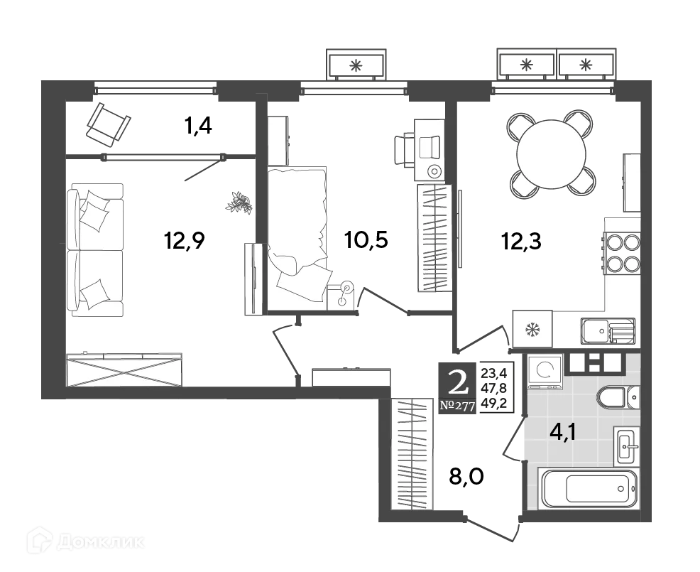 Планировка 2-комнатной квартиры 49.2 м² в ЖК Порто Ново, г. Новороссийск — фото 2
