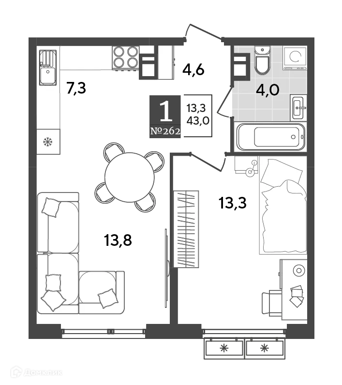 Планировка 1-комнатной квартиры 43 м² в ЖК Порто Ново, г. Новороссийск — фото 2