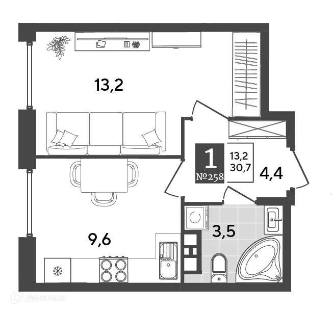 Планировка 1-комнатной квартиры 30.7 м² в ЖК Порто Ново, г. Новороссийск — фото 2