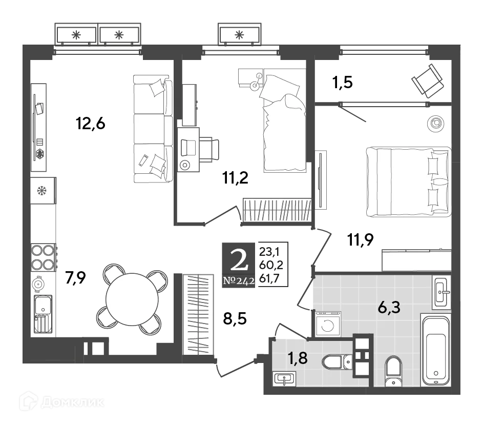 Планировка 2-комнатной квартиры 61.7 м² в ЖК Порто Ново, г. Новороссийск — фото 2