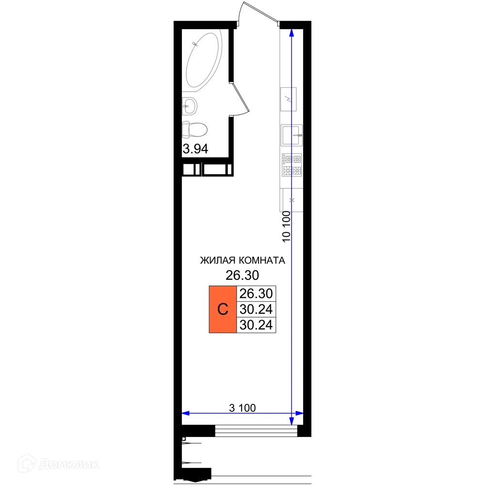 Планировка студии квартиры 30.24 м² в ЖК Резиденция морей, г. Новороссийск — фото 1