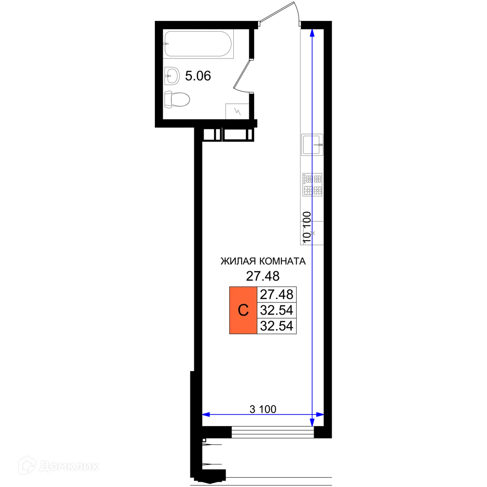 Планировка студии квартиры 32.54 м² в ЖК Резиденция морей, г. Новороссийск — фото 1