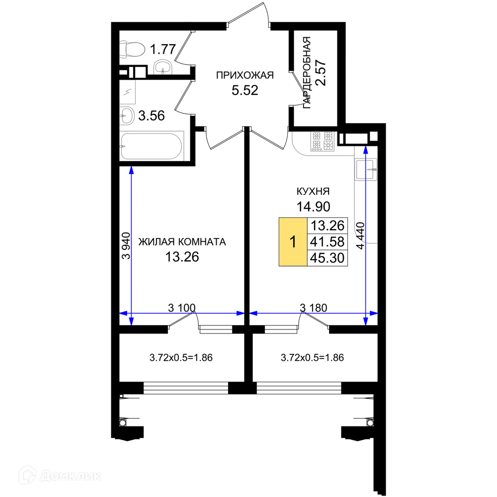 Планировка 1-комнатной квартиры 45.3 м² в ЖК Резиденция морей, г. Новороссийск — фото 1