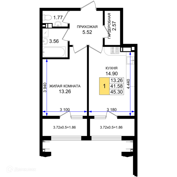 Планировка 1 комн. в ЖК Резиденция морей