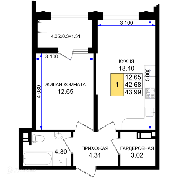 Планировка 1 комн. в ЖК Резиденция морей