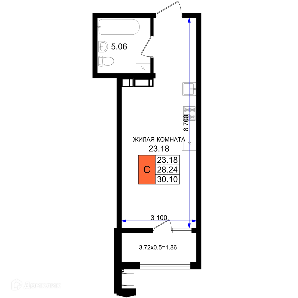 Планировка студии квартиры 30.1 м² в ЖК Резиденция морей, г. Новороссийск — фото 1