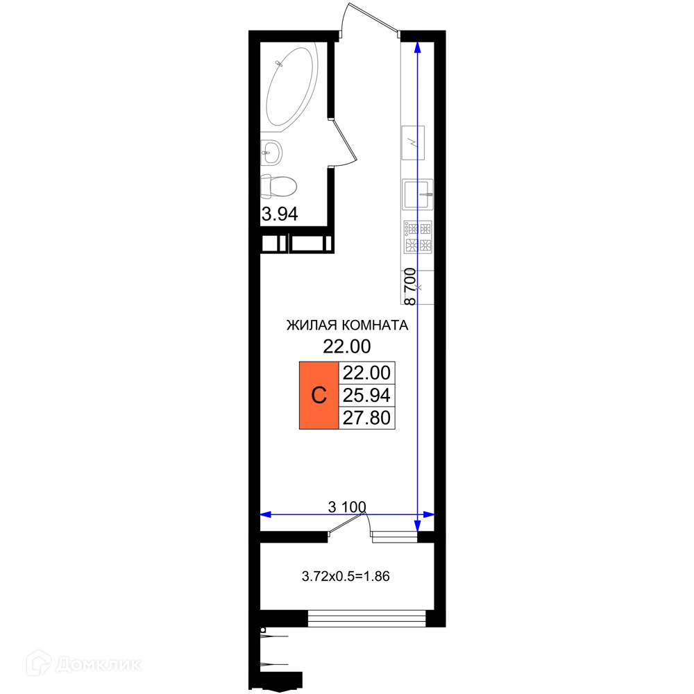 Планировка студии квартиры 27.8 м² в ЖК Резиденция морей, г. Новороссийск — фото 1