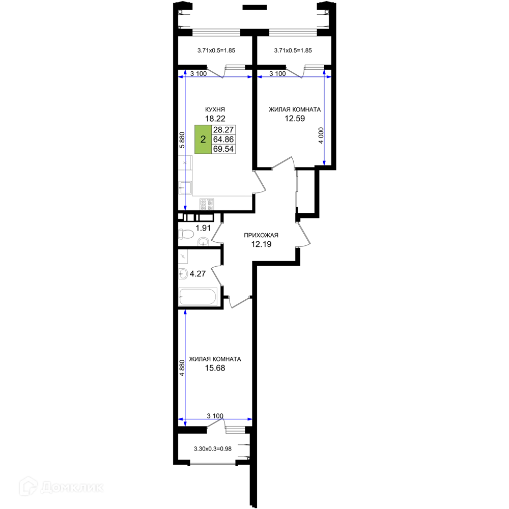Планировка 2-комнатной квартиры 69.54 м² в ЖК Резиденция морей, г. Новороссийск — фото 1