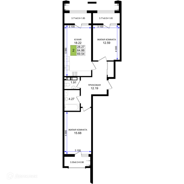 Планировка 2 комн. в ЖК Резиденция морей