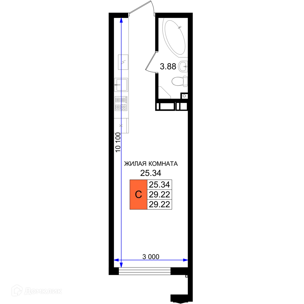 Планировка студии квартиры 29.22 м² в ЖК Резиденция морей, г. Новороссийск — фото 1