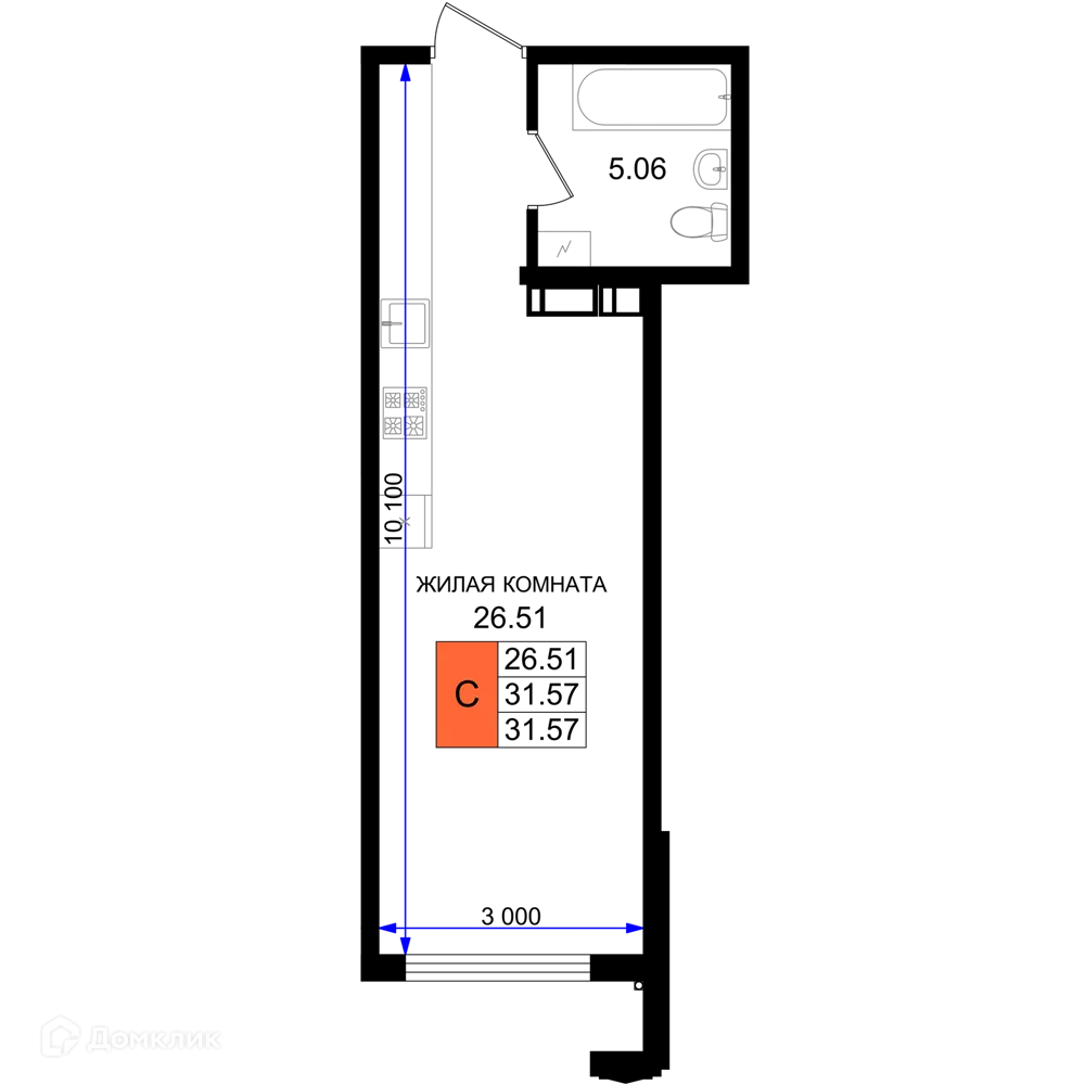 Планировка студии квартиры 31.57 м² в ЖК Резиденция морей, г. Новороссийск — фото 1