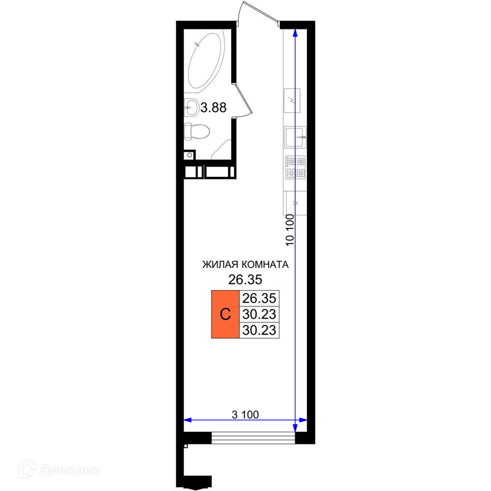 Планировка студии квартиры 30.23 м² в ЖК Резиденция морей, г. Новороссийск — фото 1