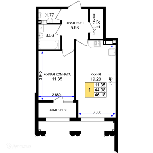 Планировка 1 комн. в ЖК Резиденция морей