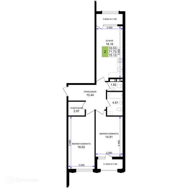 Планировка 2 комн. в ЖК Резиденция морей