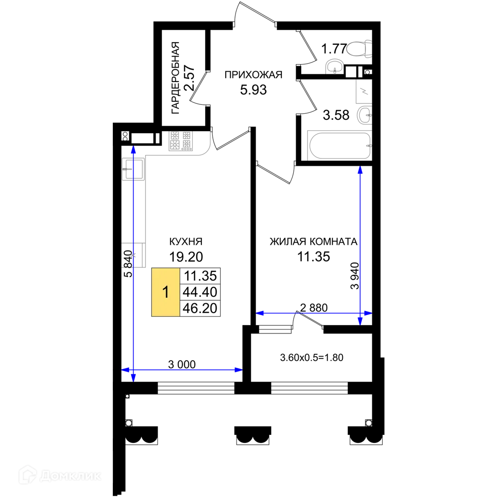 Планировка 1-комнатной квартиры 46.2 м² в ЖК Резиденция морей, г. Новороссийск — фото 1