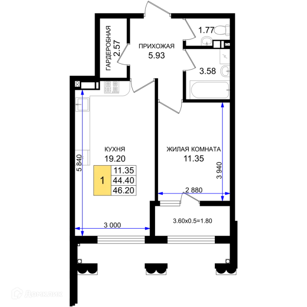 Планировка 1 комн. в ЖК Резиденция морей