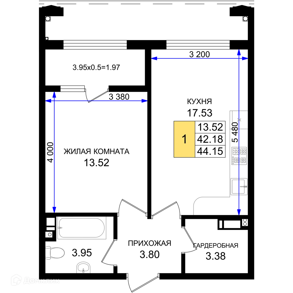 Планировка 1-комнатной квартиры 44.15 м² в ЖК Резиденция морей, г. Новороссийск — фото 1
