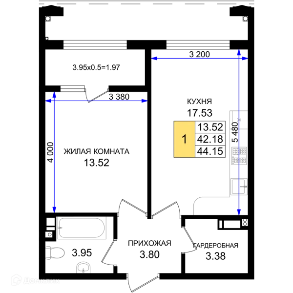 Планировка 1 комн. в ЖК Резиденция морей