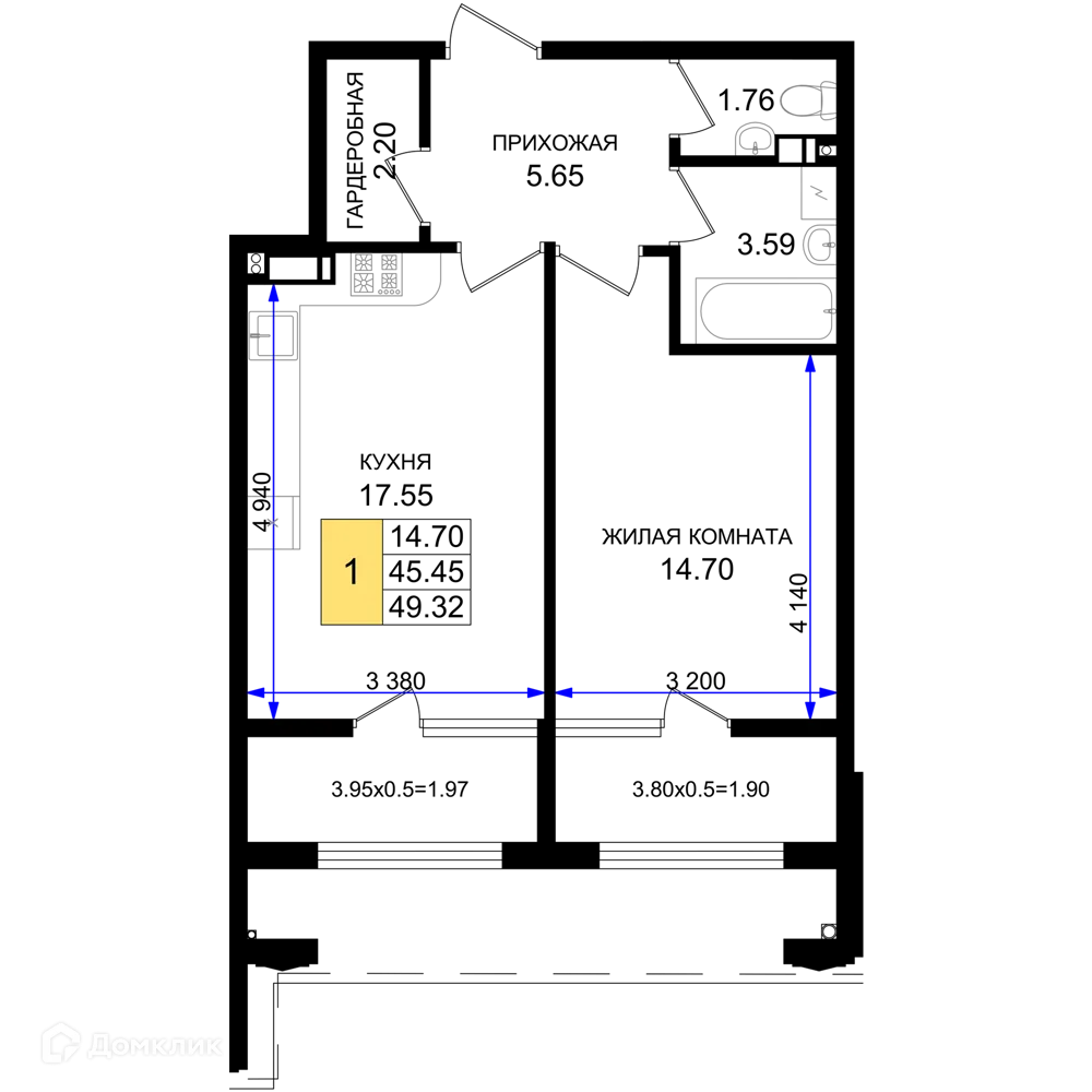 Планировка 1-комнатной квартиры 49.32 м² в ЖК Резиденция морей, г. Новороссийск — фото 1
