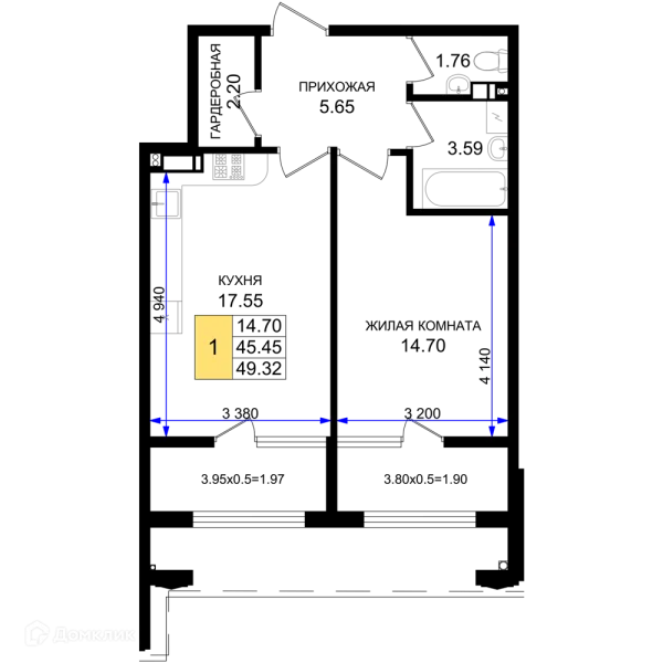 Планировка 1 комн. в ЖК Резиденция морей