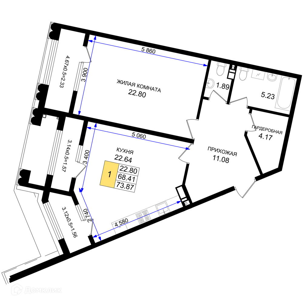 Планировка 1-комнатной квартиры 73.87 м² в ЖК Резиденция морей, г. Новороссийск — фото 1
