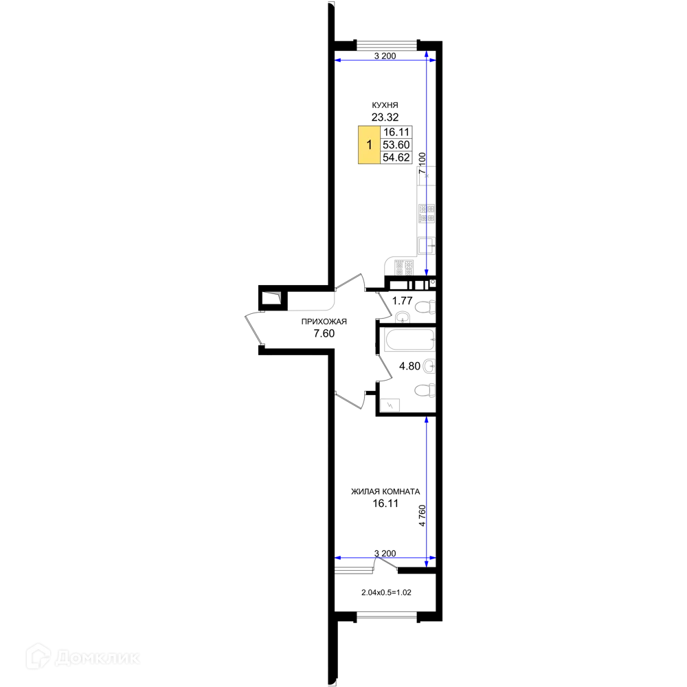 Планировка 1-комнатной квартиры 54.62 м² в ЖК Резиденция морей, г. Новороссийск — фото 1