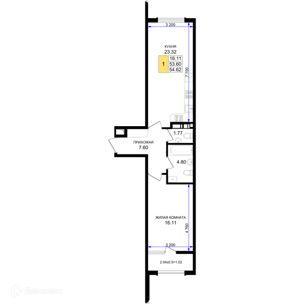 Планировка 1 комн. в ЖК Резиденция морей