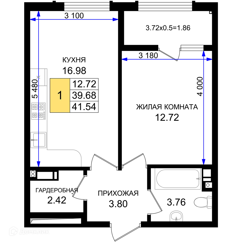 Планировка 1-комнатной квартиры 41.54 м² в ЖК Резиденция морей, г. Новороссийск — фото 1