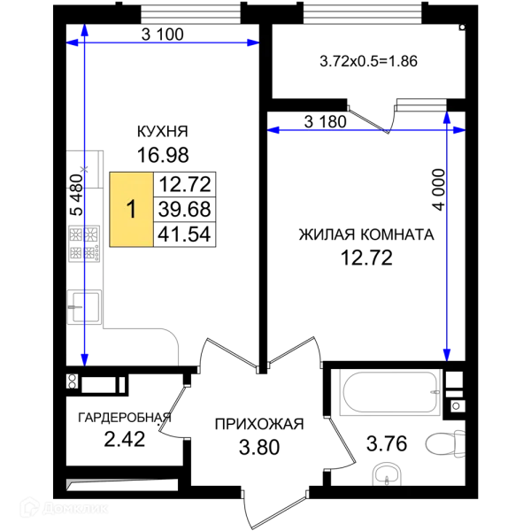 Планировка 1 комн. в ЖК Резиденция морей