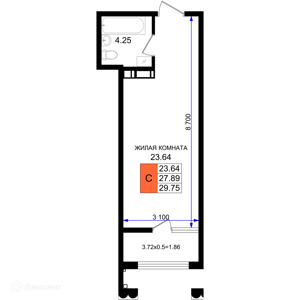 Планировка студии квартиры 29.75 м² в ЖК Резиденция морей, г. Новороссийск — фото 1