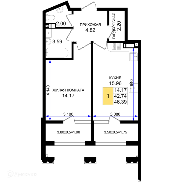 Планировка 1 комн. в ЖК Резиденция морей