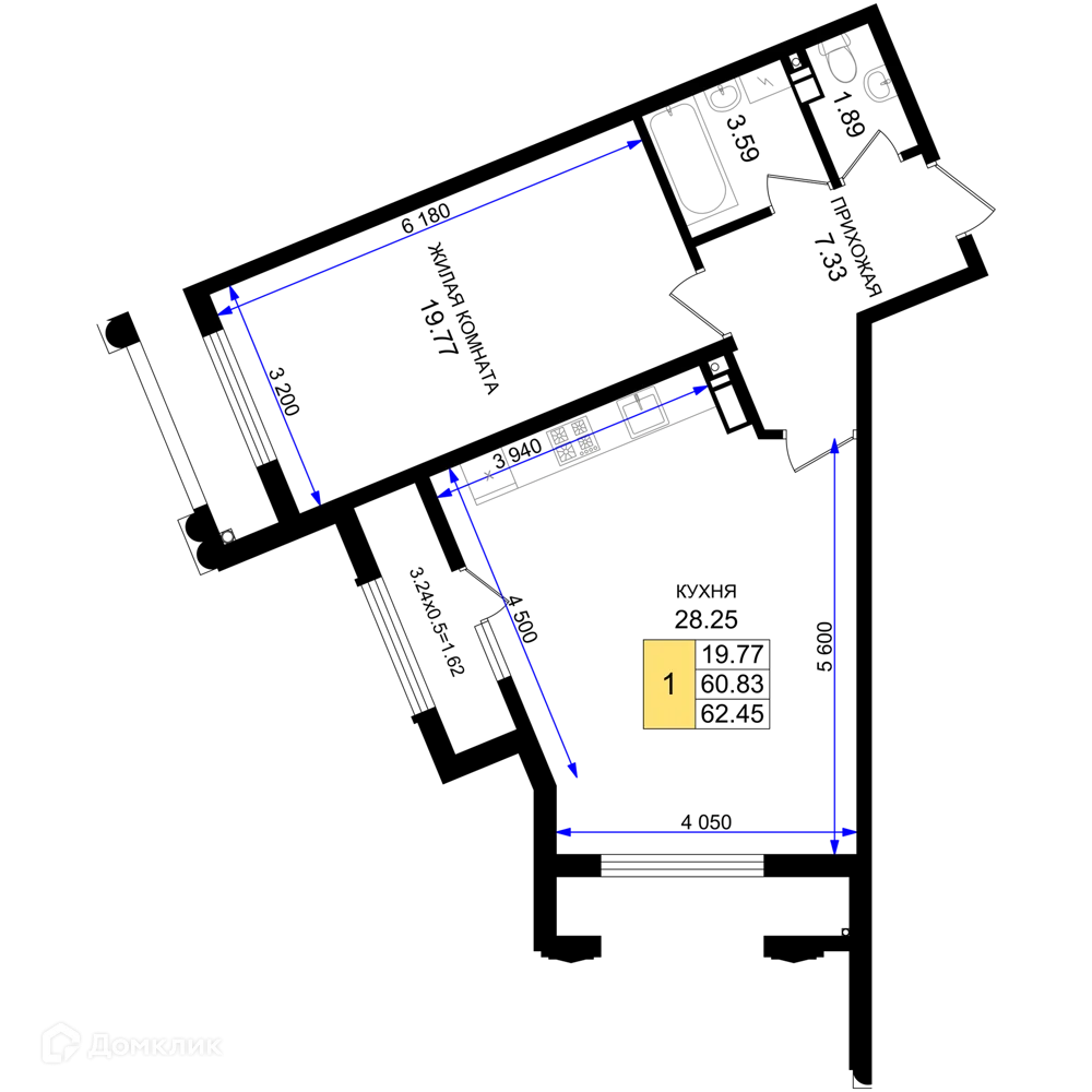 Планировка 1-комнатной квартиры 62.45 м² в ЖК Резиденция морей, г. Новороссийск — фото 1