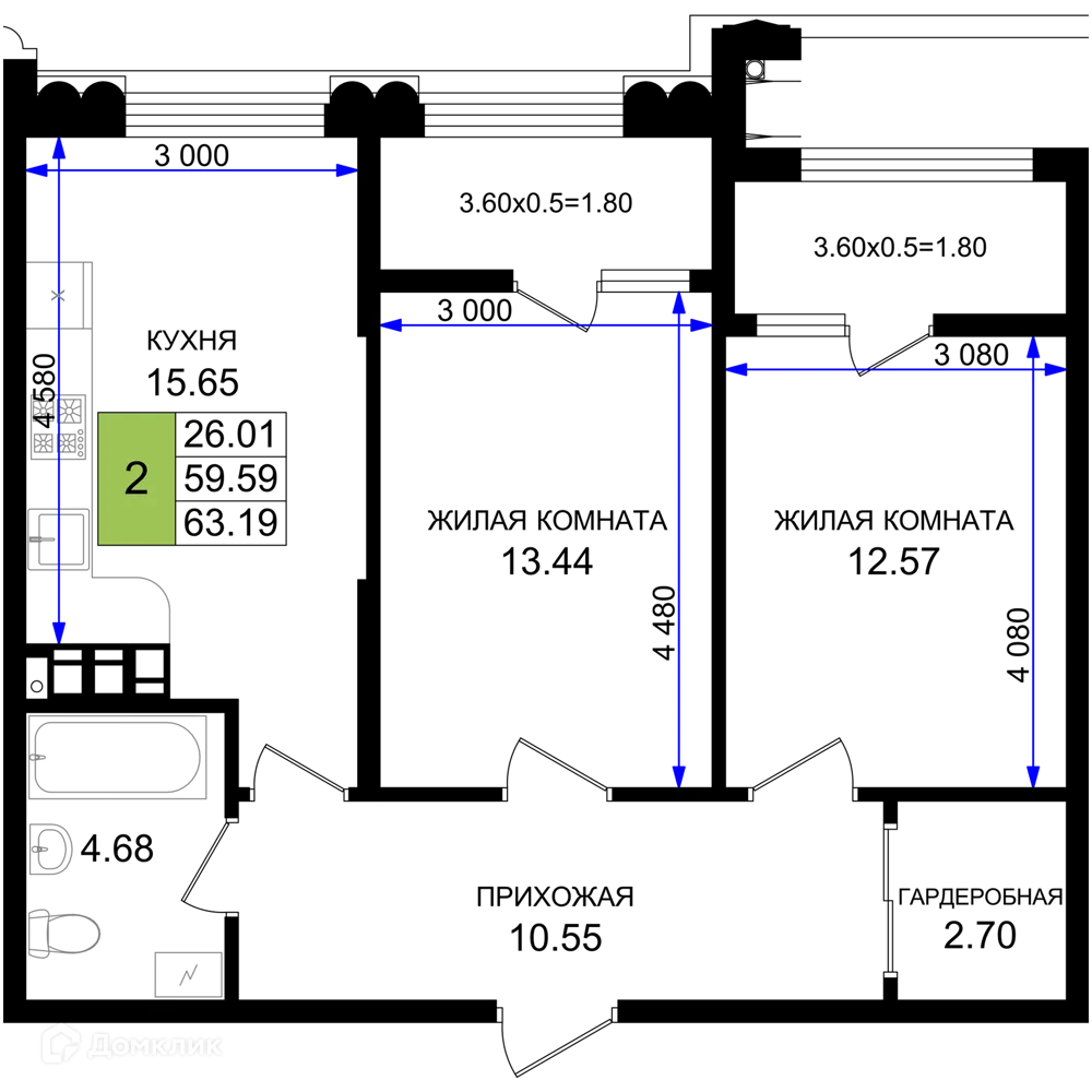 Планировка 2-комнатной квартиры 63.19 м² в ЖК Резиденция морей, г. Новороссийск — фото 1