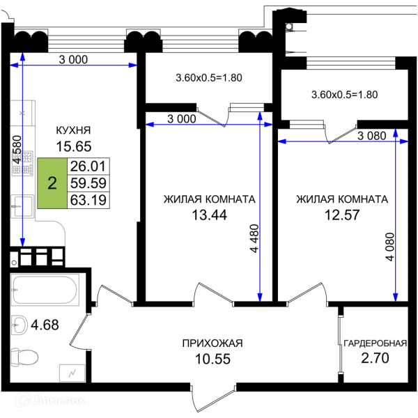 Планировка 2 комн. в ЖК Резиденция морей