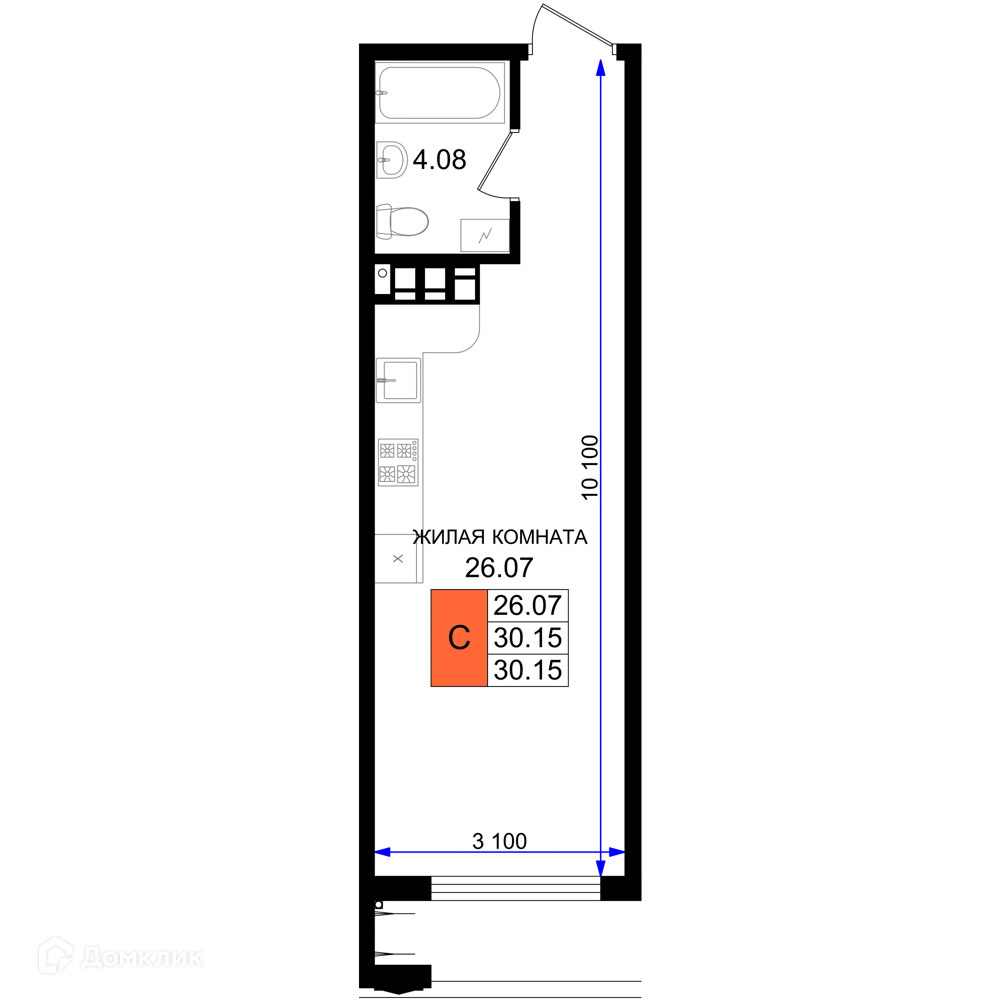 Планировка студии квартиры 30.15 м² в ЖК Резиденция морей, г. Новороссийск — фото 1