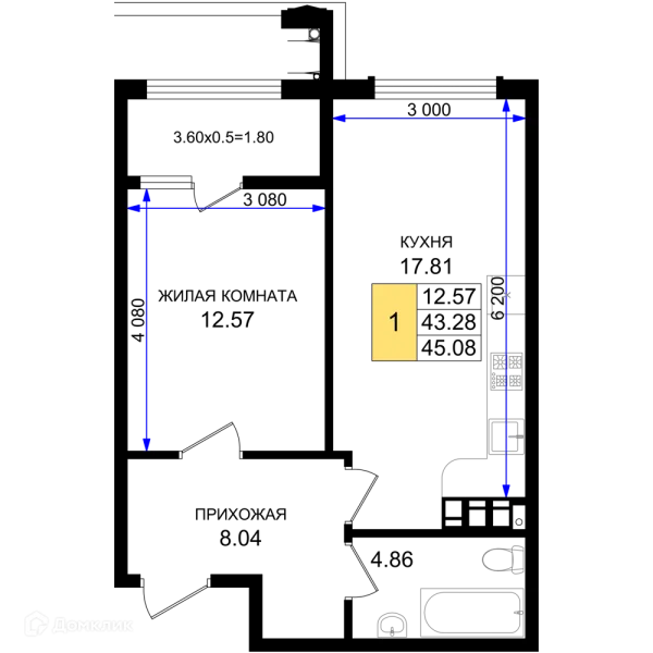 Планировка 1 комн. в ЖК Резиденция морей