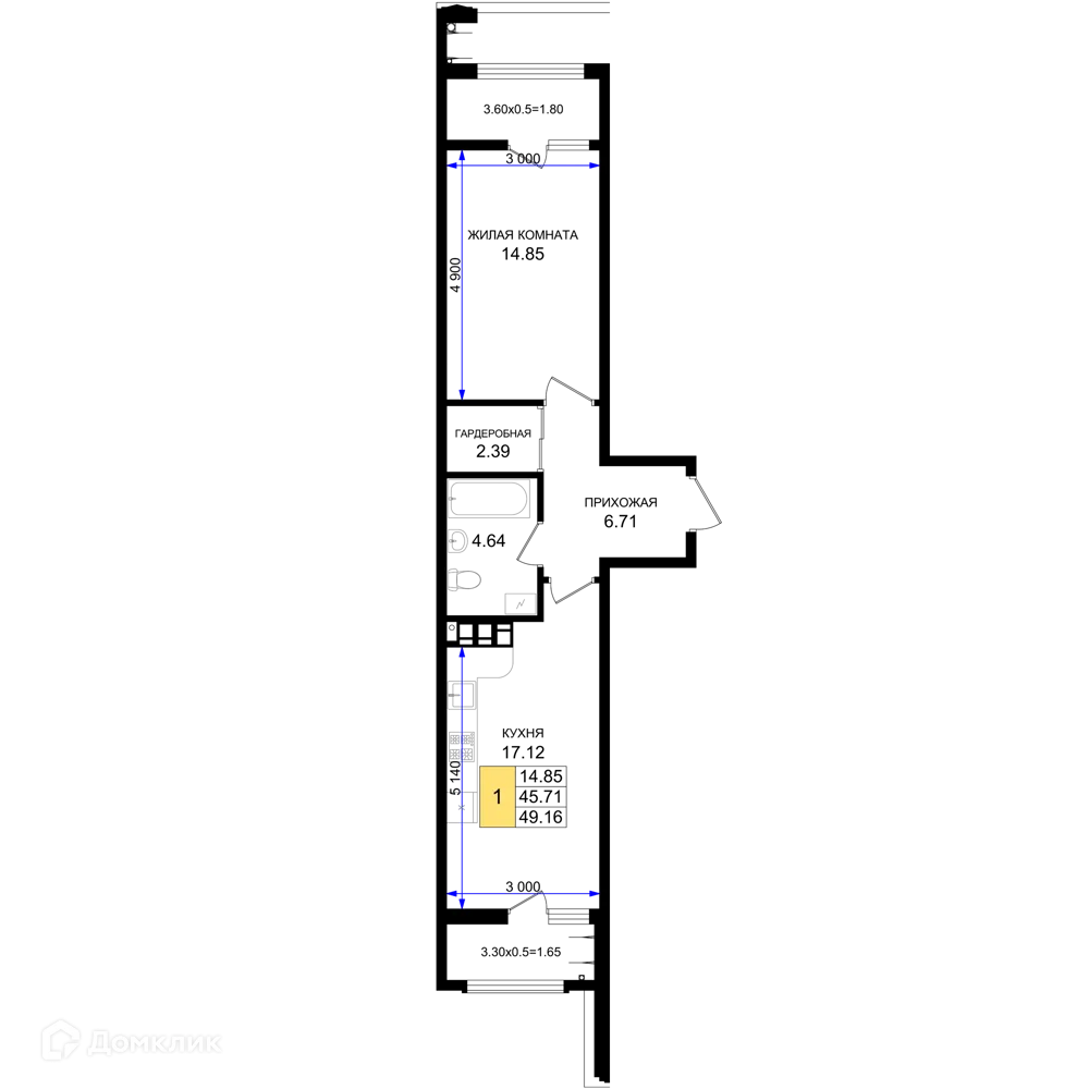 Планировка 1-комнатной квартиры 49.16 м² в ЖК Резиденция морей, г. Новороссийск — фото 1
