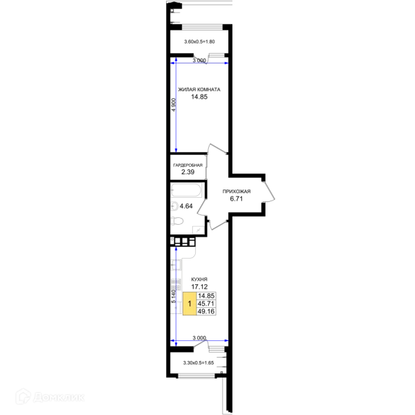 Планировка 1 комн. в ЖК Резиденция морей