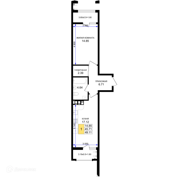 Планировка 1 комн. в ЖК Резиденция морей