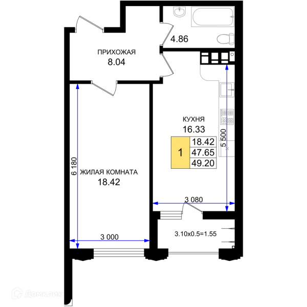 Планировка 1 комн. в ЖК Резиденция морей