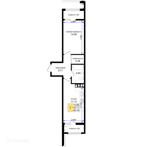 Планировка 1 комн. в ЖК Резиденция морей